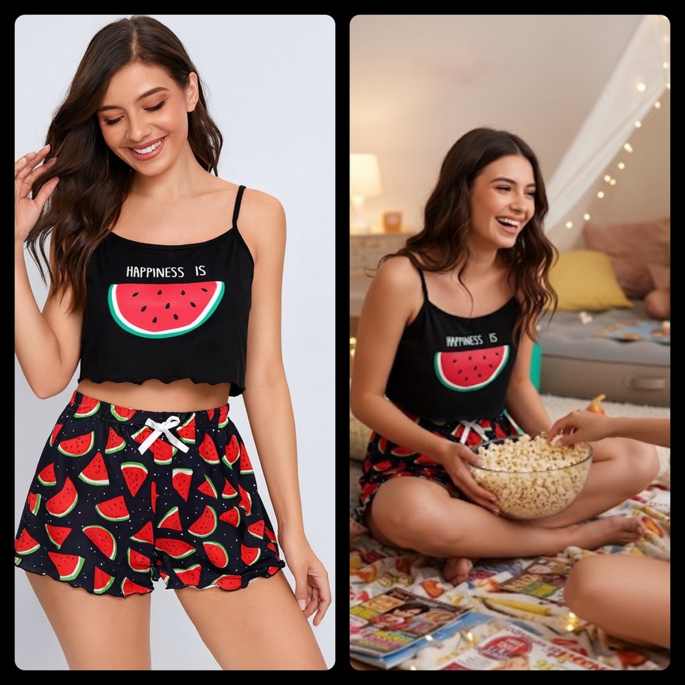 Women's  Watermelon Print Frill Trim Crop Cami Casual Pajama Set size XL
